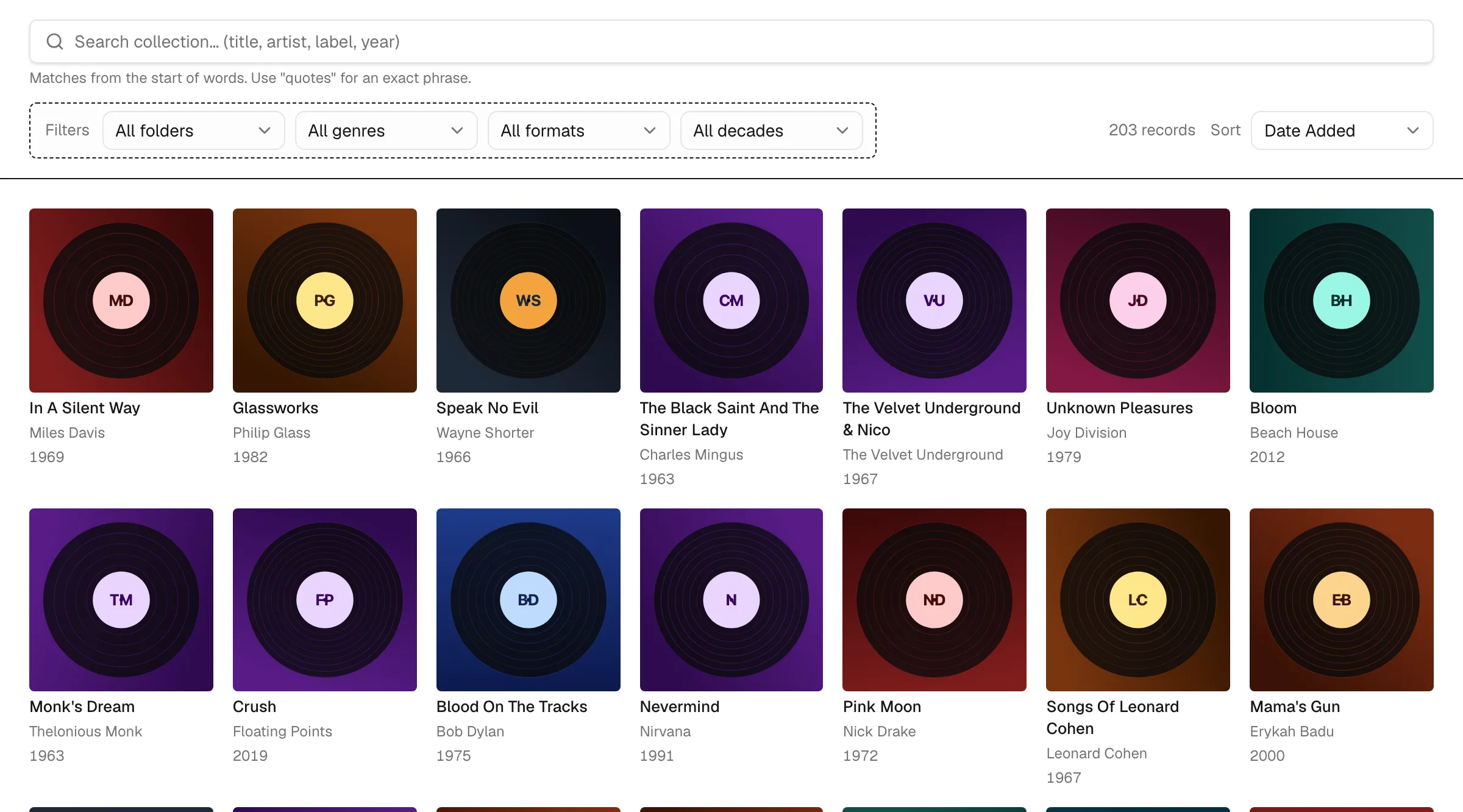 The DigDog collection page: a grid of album covers with search, folder, genre, format and decade filters above it.