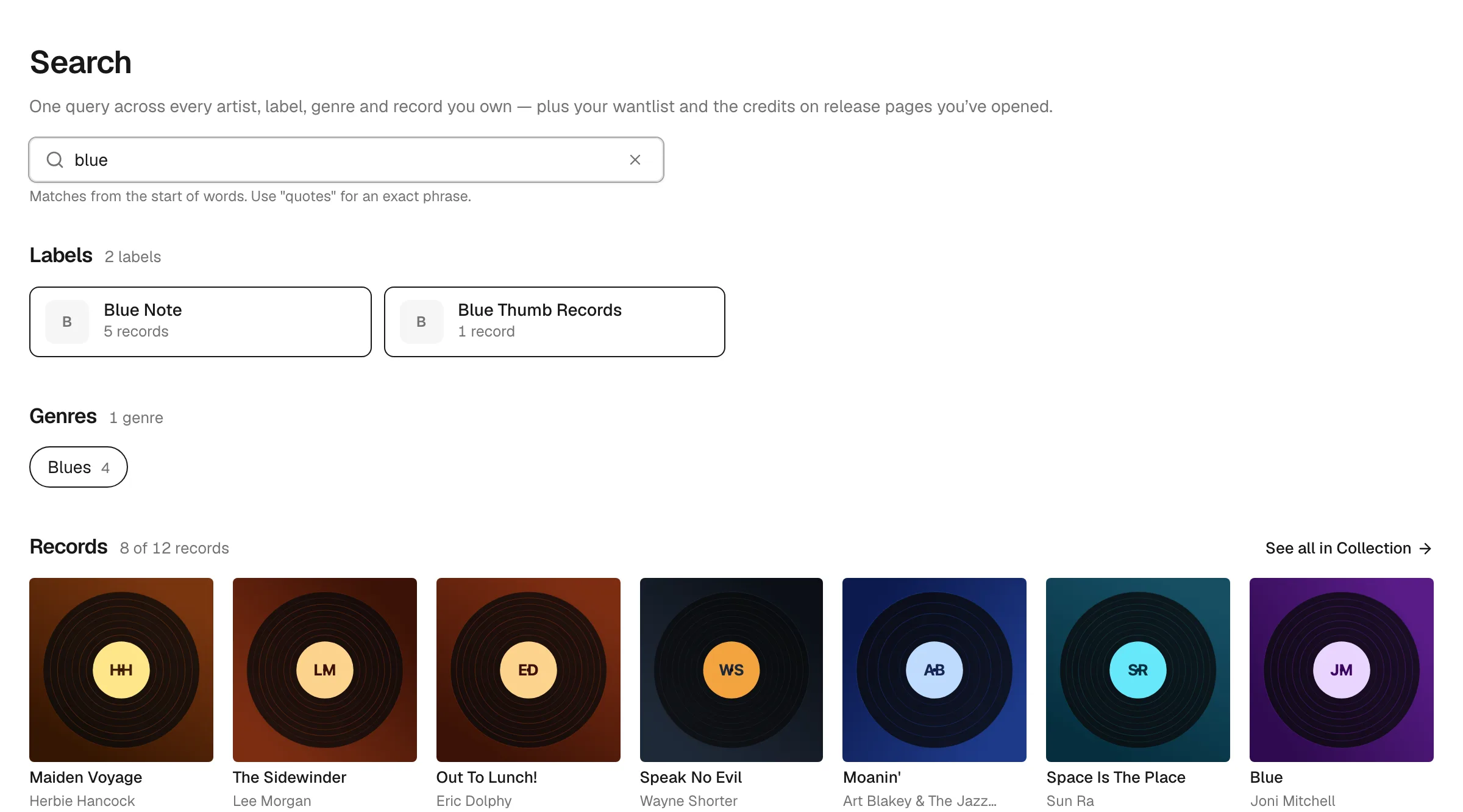 The DigDog search page: one query returning grouped results across artists, labels, genres and records.